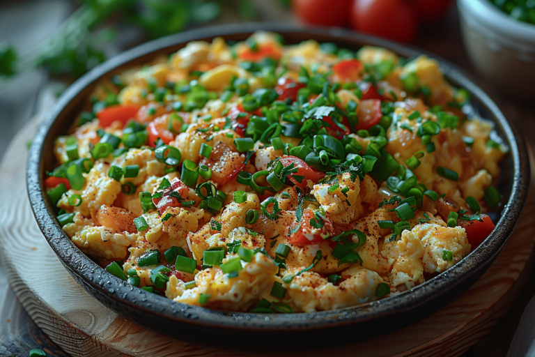 Scrambled Eggs with Bells Peppers, Onions And Cheese Recipe